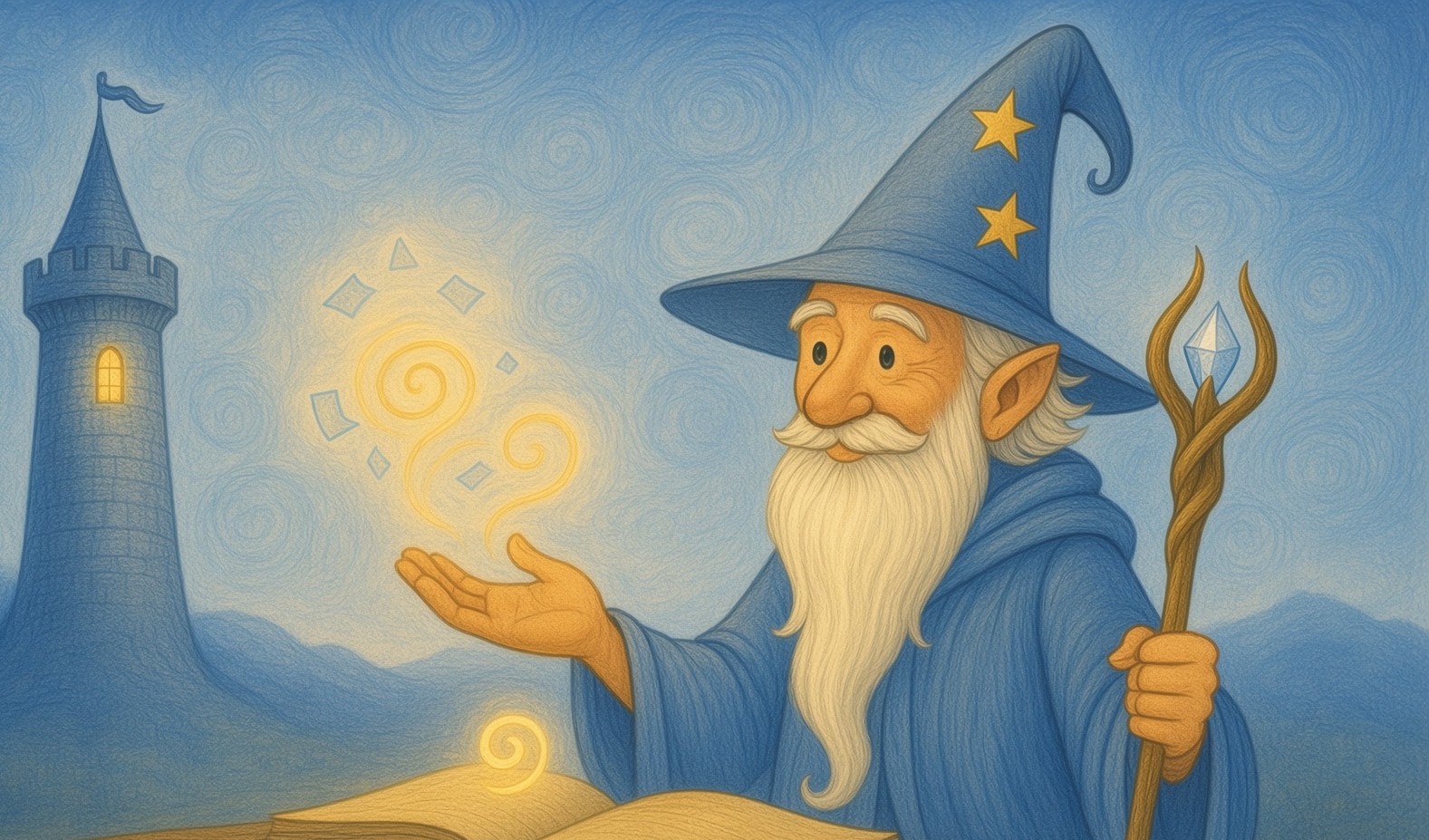 Merlin at his glowing sketchbook, where the doodles of Inkoria first come to life