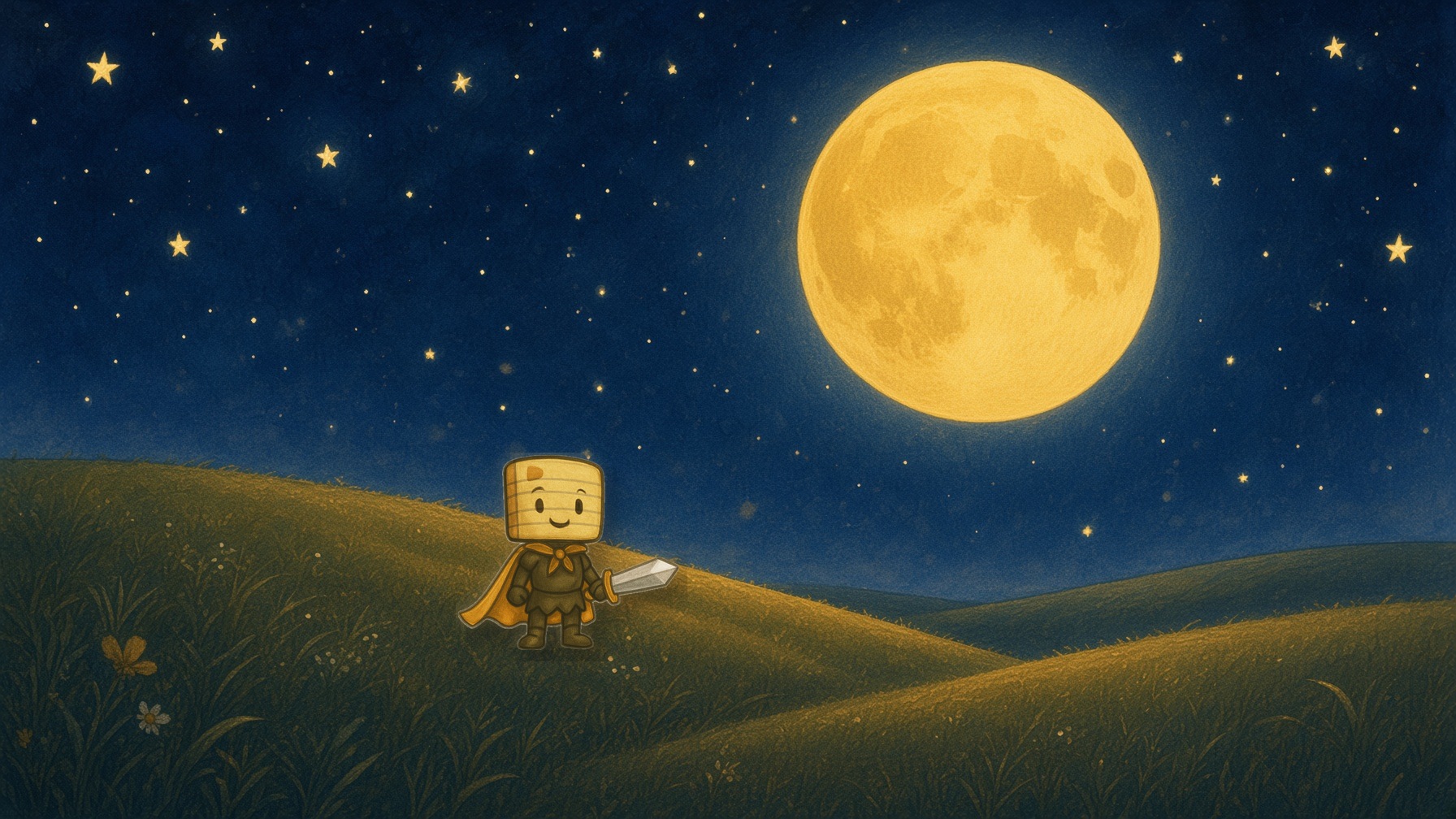 Sir Scribbles-A-Lot walking a ridgeline toward a golden moon